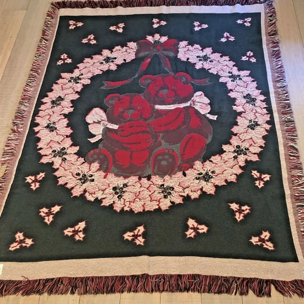 Fieldcrest Christmas Bears Woven Tapestry Throw Blanket VTG Holiday Grandma-core